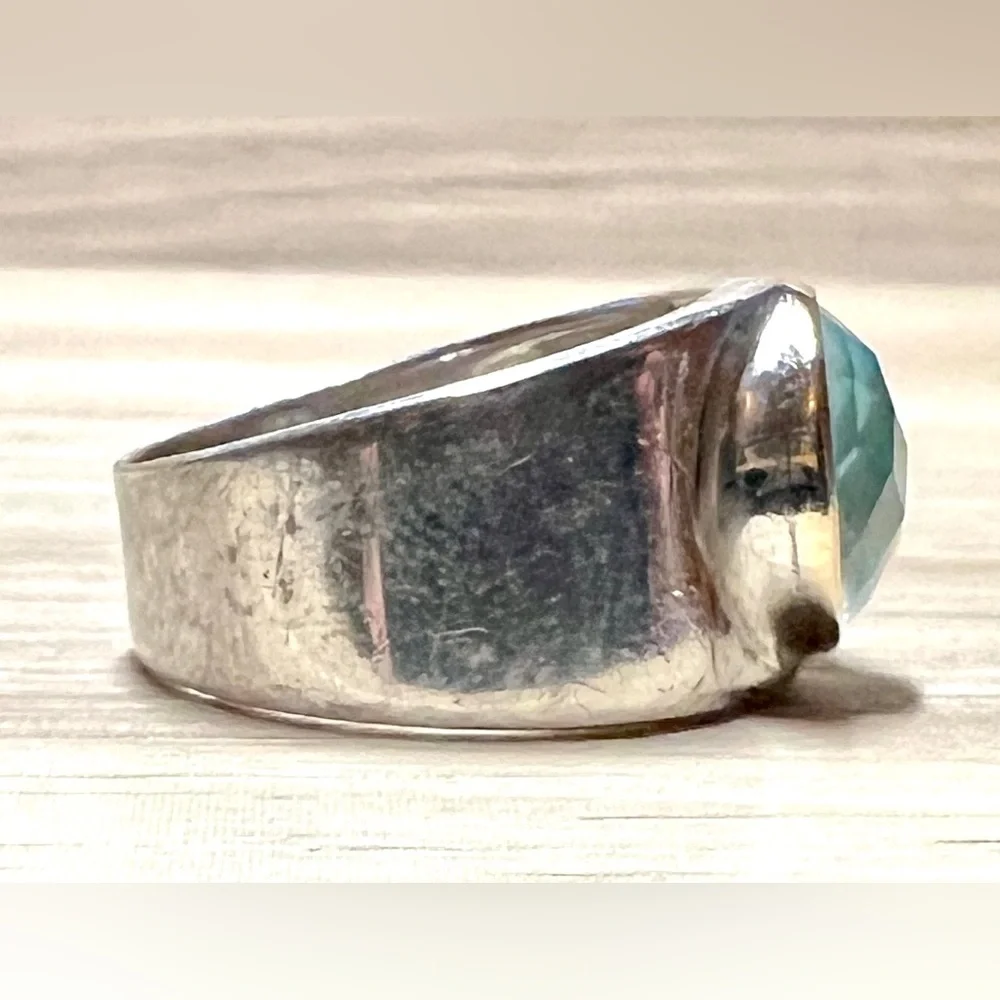 Vintage Designer Signed ATR Sterling Silver & 14K Gold Blue Topaz Ring, Size 6.5